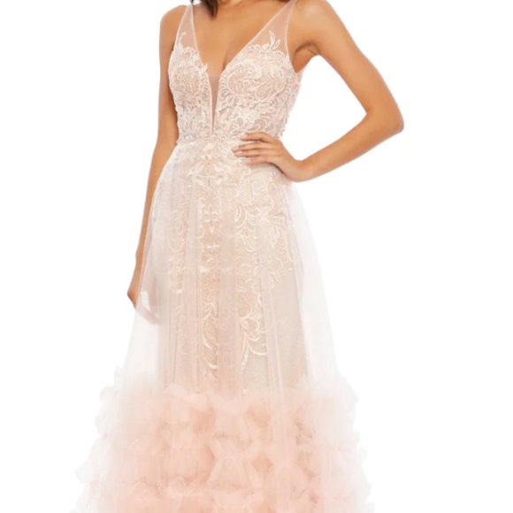 MAC DUGGAL 11183 LACE RUFFLE TIERED SLEEVELESS PLUNGE NECK PEACH GOWN sz 8 - Picture 1 of 8